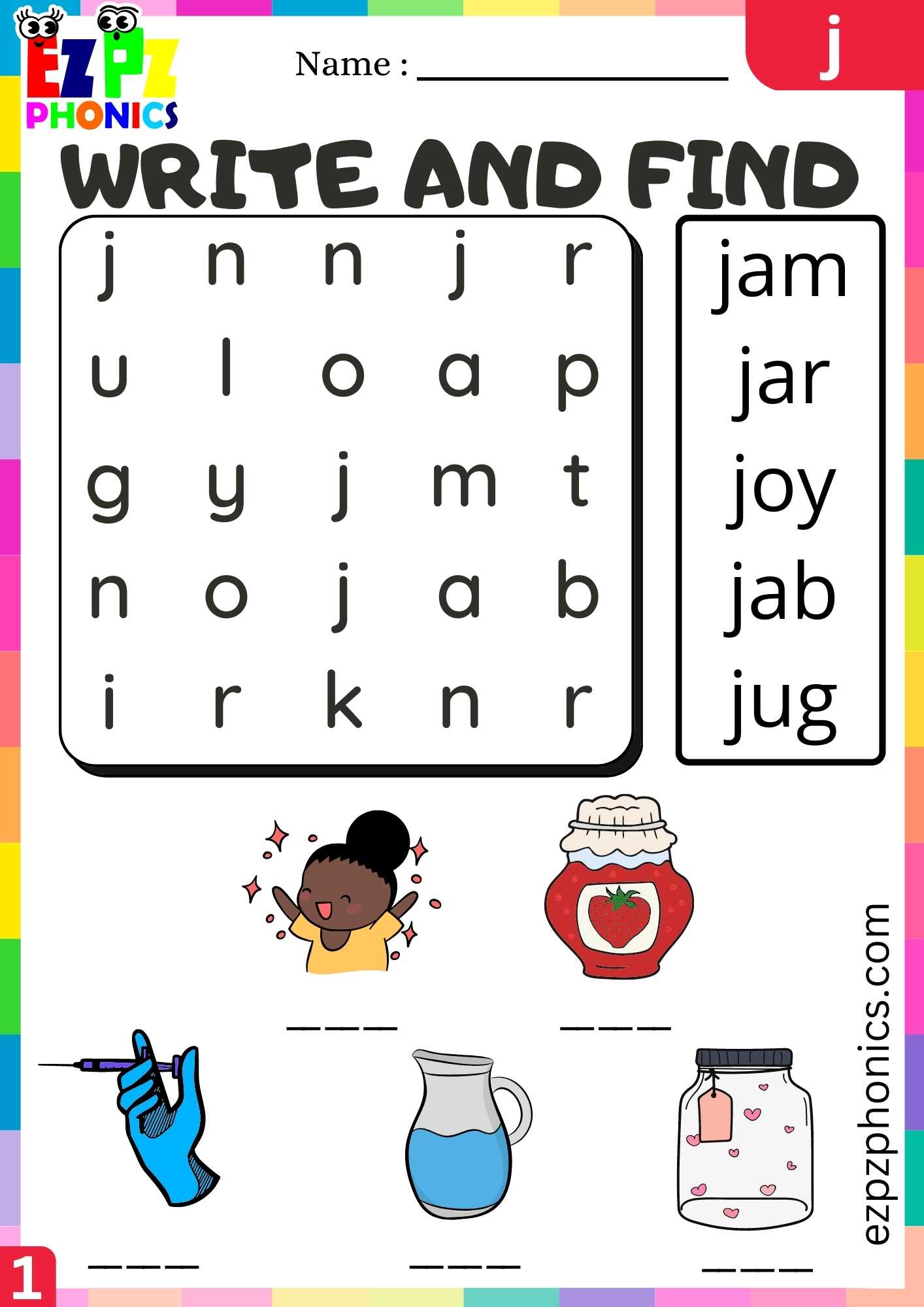 Letter J Write And Find Beginning Sounds Worksheet